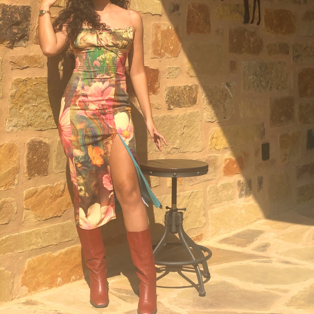 Floral tie back midi slip dress